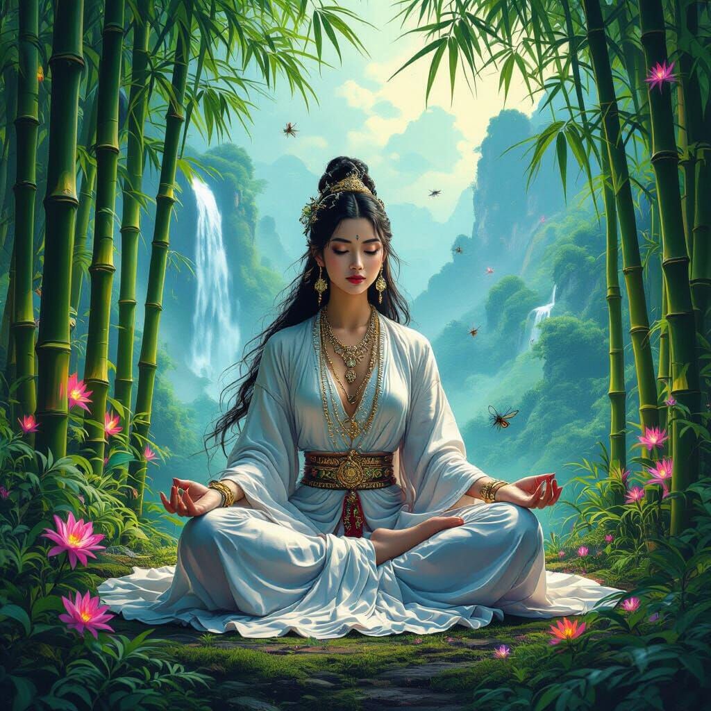 Celtic Goddess Meditating in Bioluminescent Alien Bamboo For...