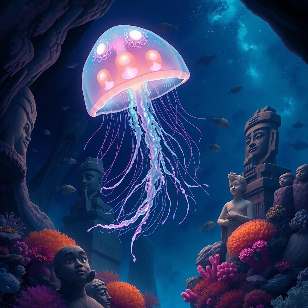 Ethereal Bioluminescent Jellyfish Illuminates Whimsical Unde...