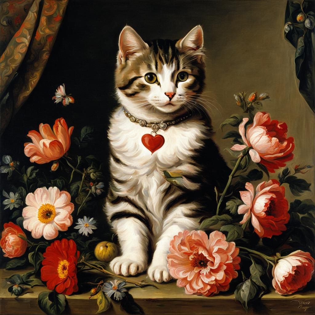 Cute Cat Surrounded by Flowers in Baroque Style