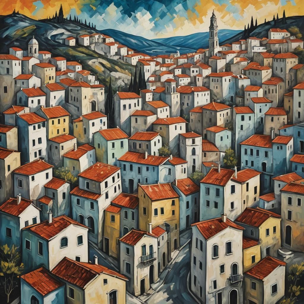 El Greco Style Painting of a Quaint Town