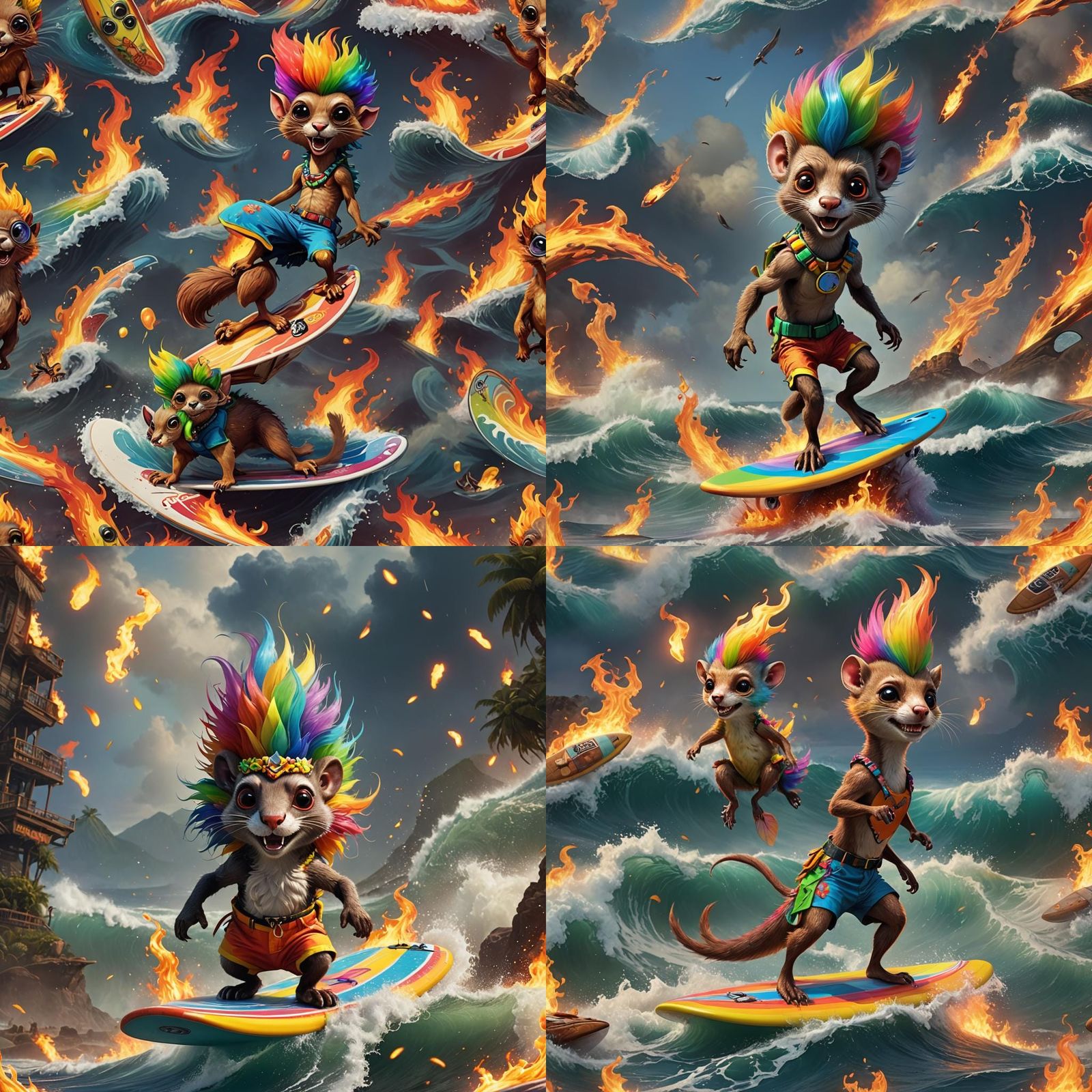 Surfing Weasel with Rainbow Mohawk on Fire Wave