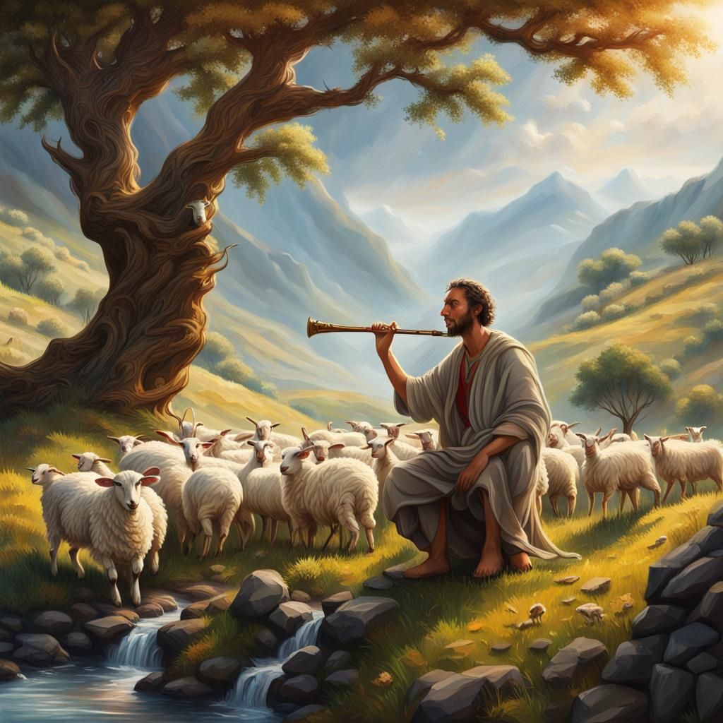 Shepherd with Sheep and Goats in Hyperrealistic Landscape