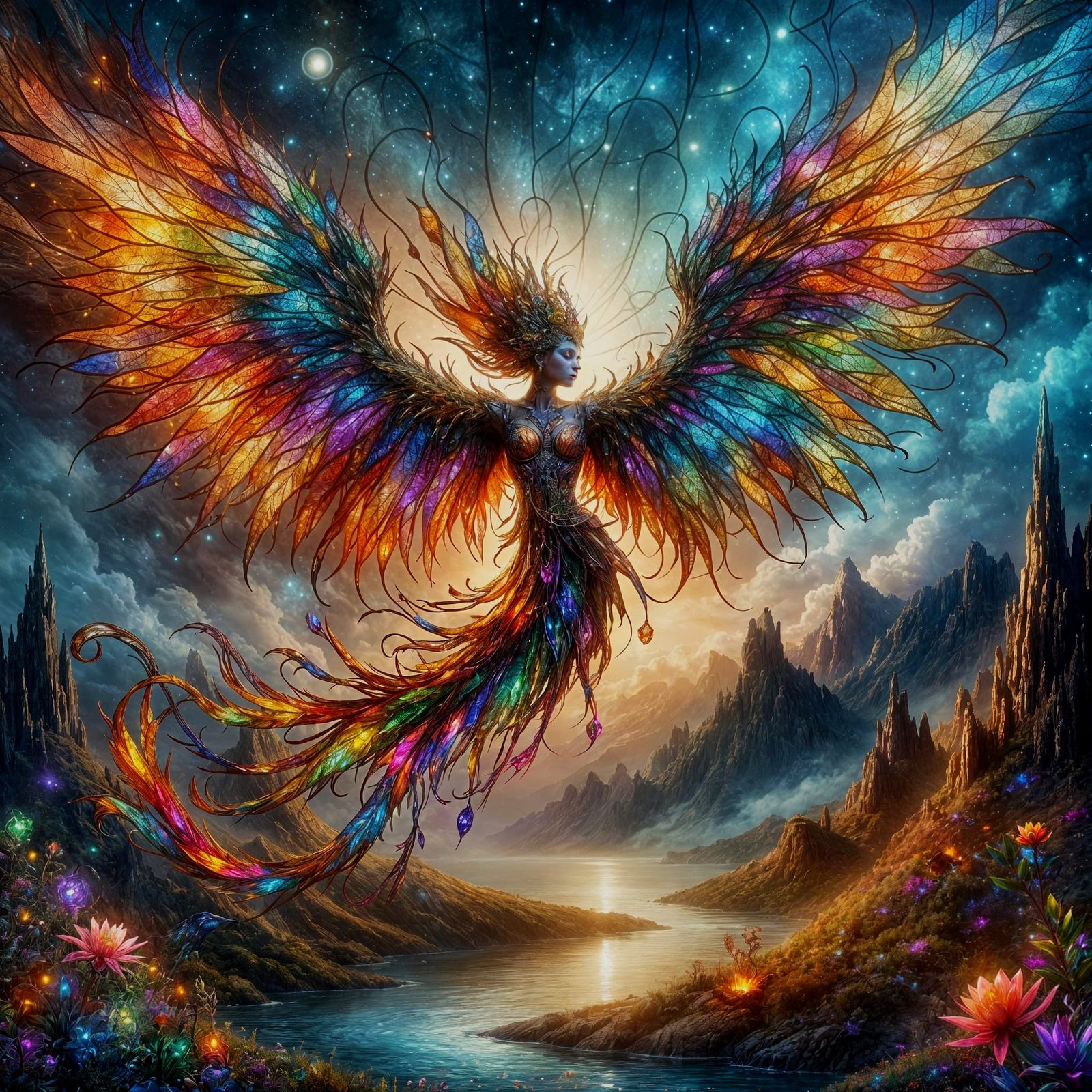 Winged Djinn with Stained Glass Scales in Psychedelic Landsc...