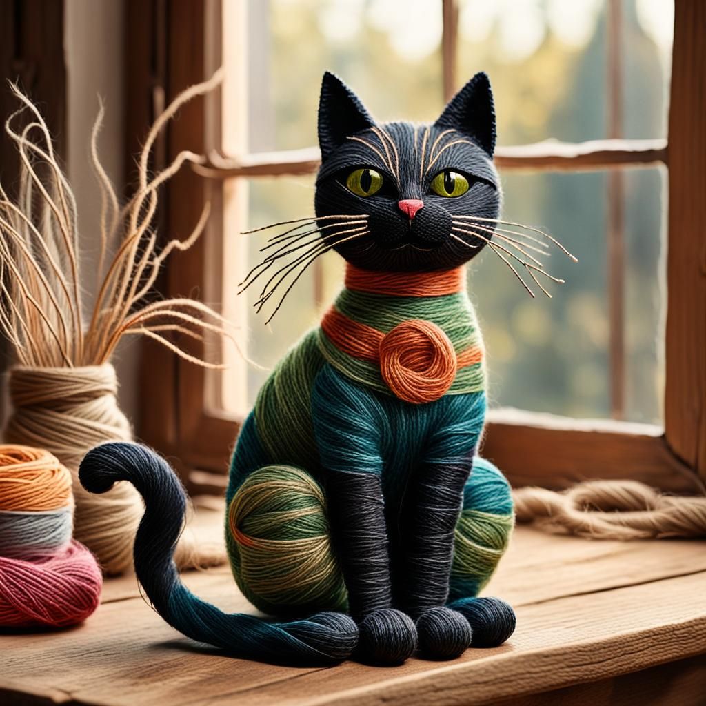 String Cat Folk Art Naive Style