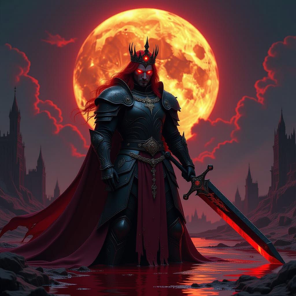 Demonic King Arthur in Hellscape with Bloody Sword