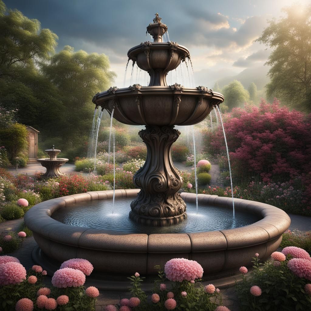 Flower Fountain in Cottage Garden: Digital Matte Painting