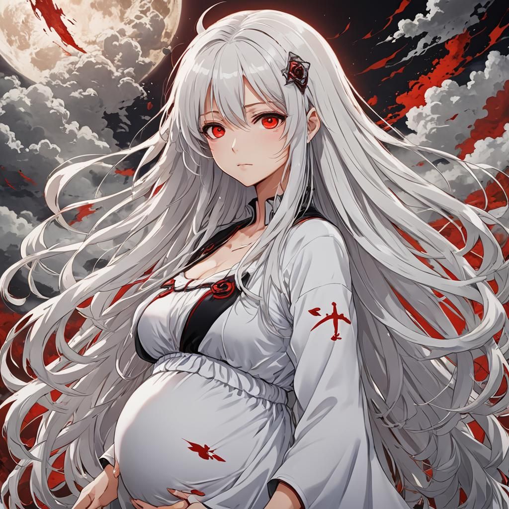 Pregnant Anime Girl with White Hair and Red Eyes