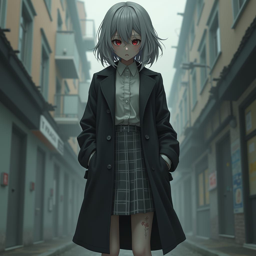 Anime Girl in Trench Coat: Gritty 3D Art