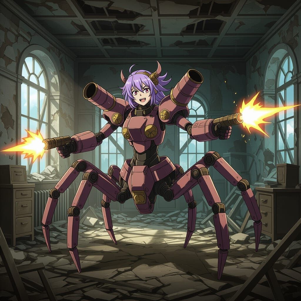 Steampunk Spider Robot in Ruined Lab, Anime Style