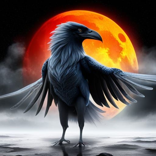 Dark Phoenix Bird and Blood Moon in Fantasy Art