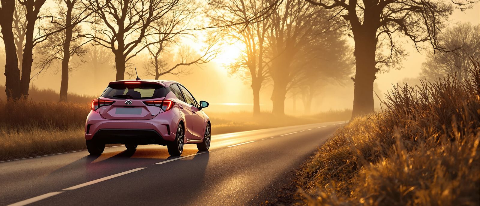 Metallic Pink Toyota Yaris on Misty Sunrise Road
