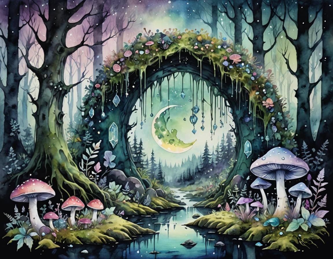 Pastel Goth Forest with Crescent Moon in Watercolor