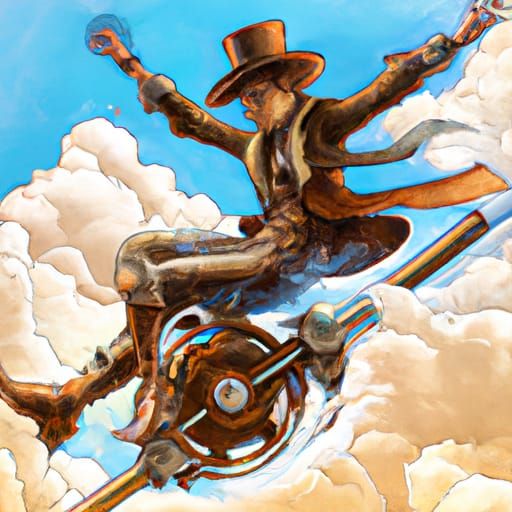 Steampunk Cowboy Surfing the Sky: Digital Art