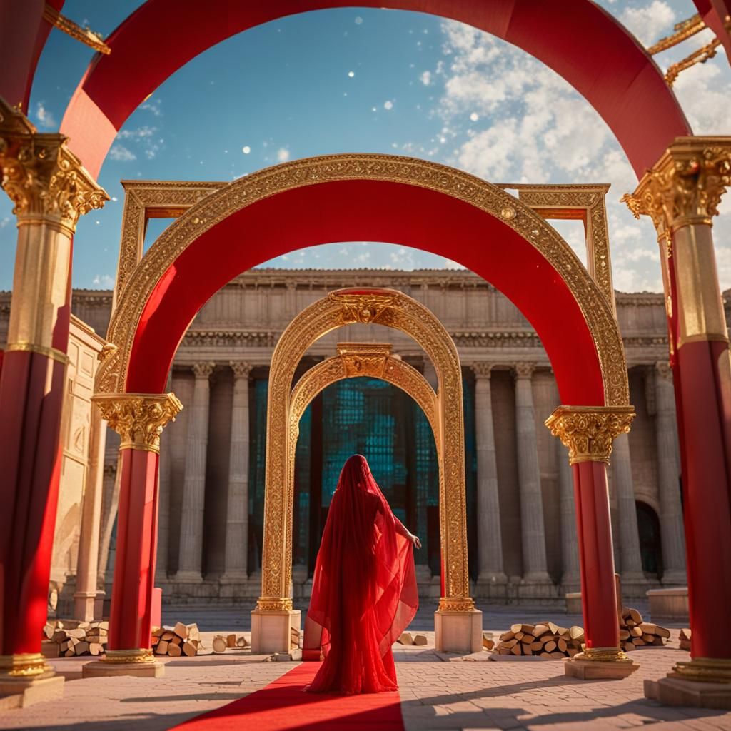 Veiled Woman Under Arch with Sky Mirrors