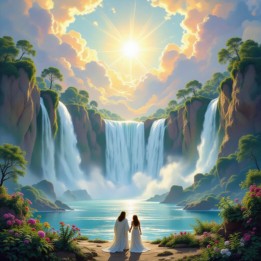 Heavenly Waterfall into Eden with Adam & Eve, Divine Etherea...