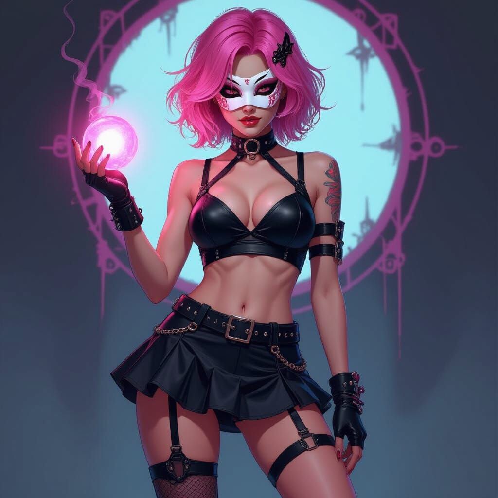 Edgy Androgynous Figure in Pink Wig, Fantasy Concept Art