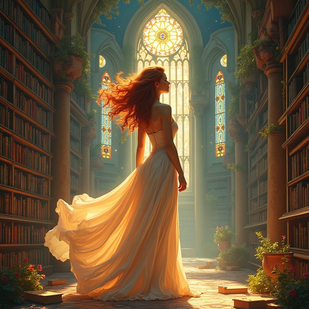 Cosmic Library: A Surreal Art Nouveau Vision