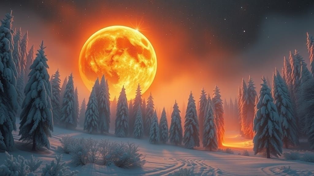 Fiery Orb Illuminates Winter Forest Landscape