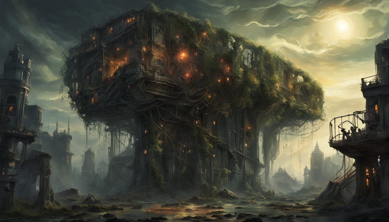 Post-Apocalyptic City Reclaimed by Nature in Gothic Style