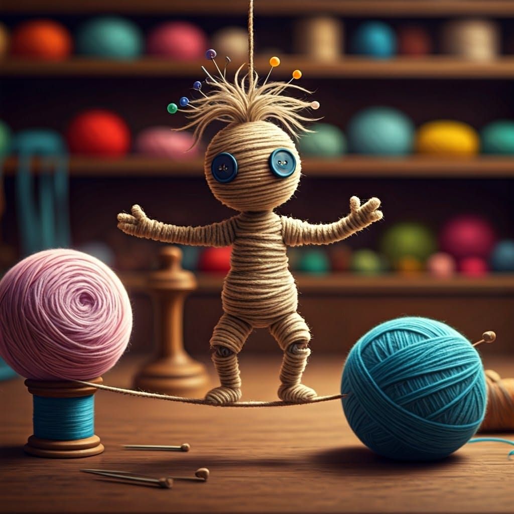 Whimsical Puppet Balances on Thread in Cozy Haberdashery