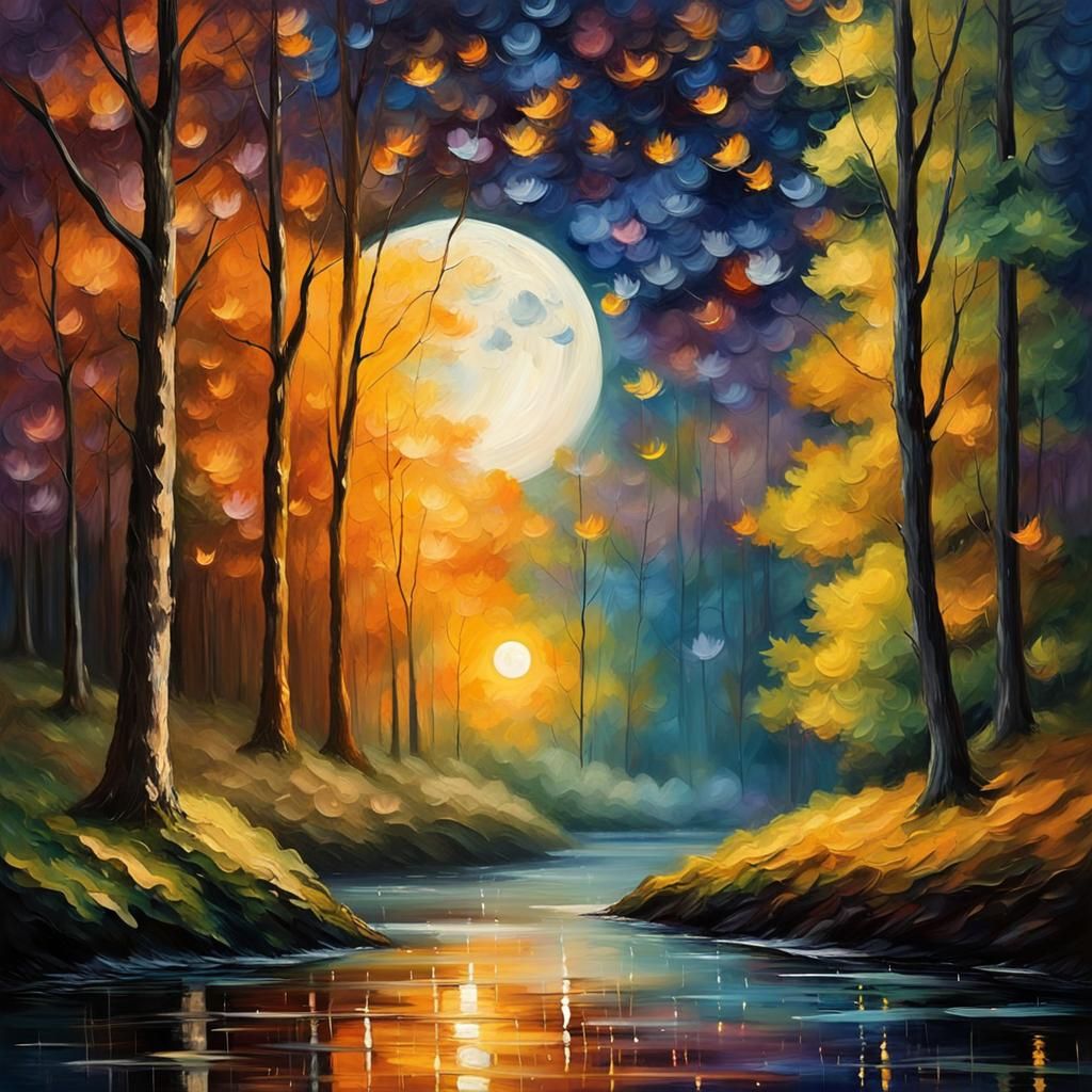 Whimsical Nocturnal River Landscape with Fireflies