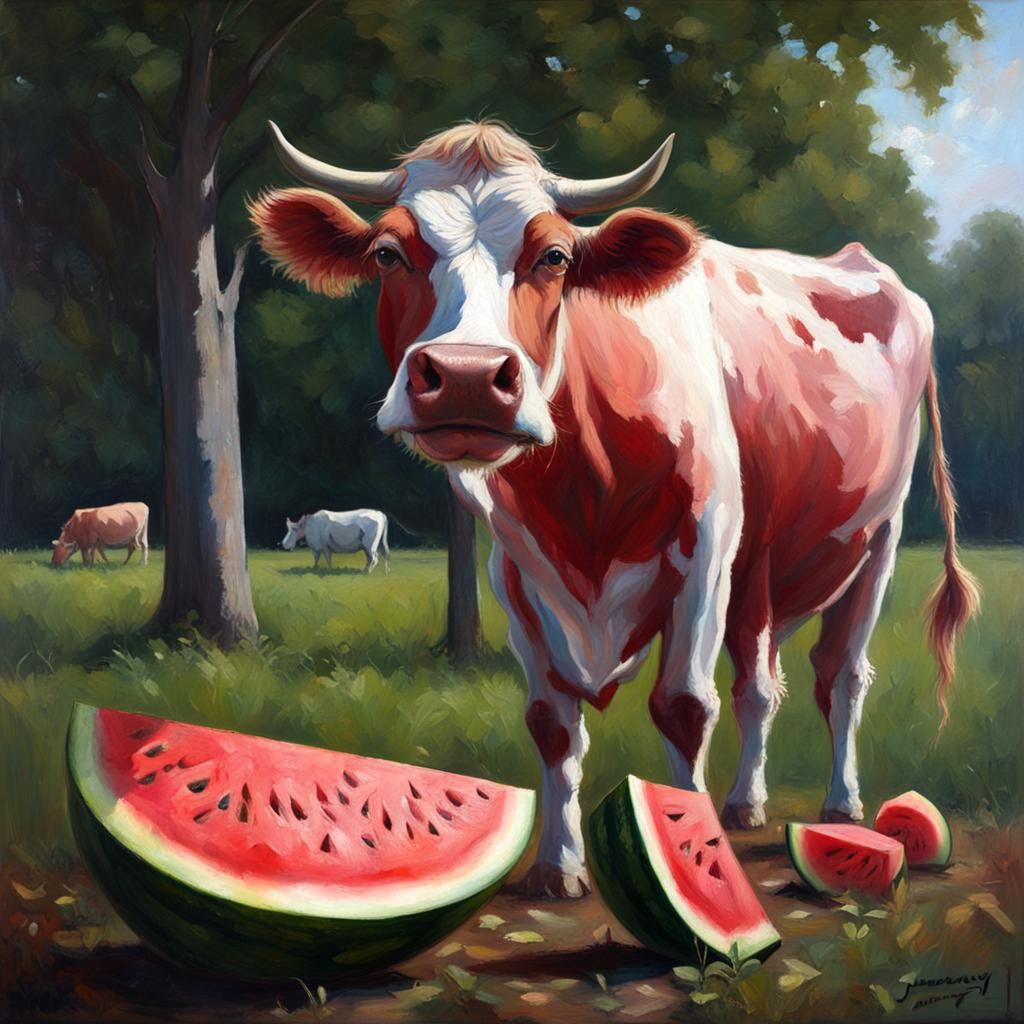 Cow Enjoys Watermelon in Field: Oil Painting