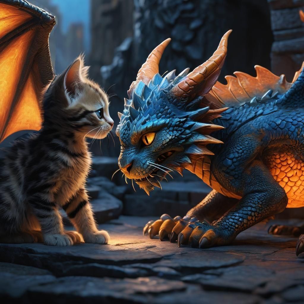 Affectionate Kitten and Dragon Fantasy Concept Art