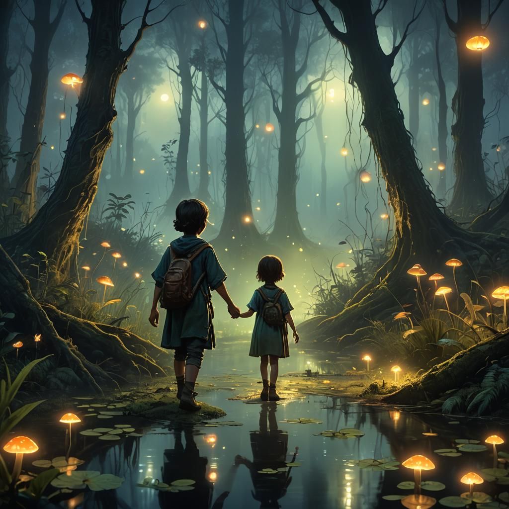 Child Follows Will-o'-the-Wisp in Misty Swamp
