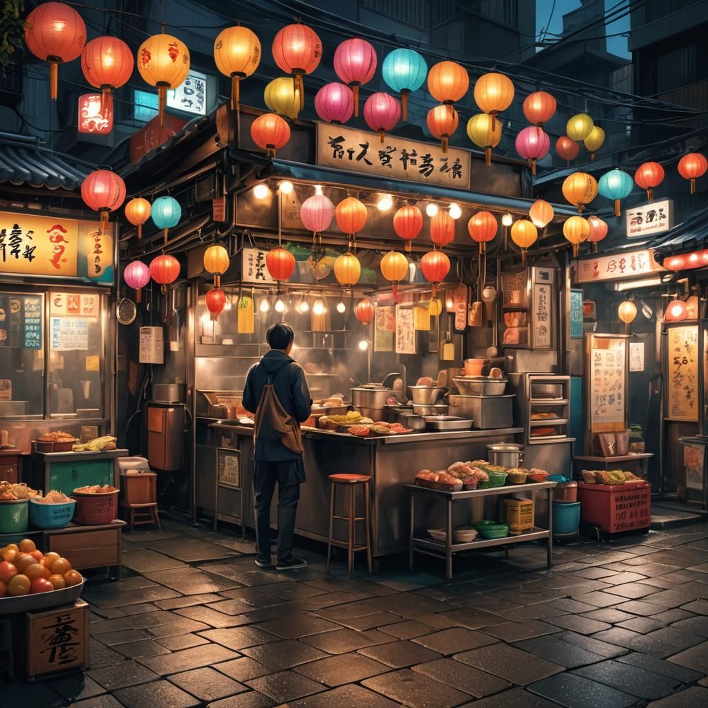 Vibrant Japanese Street Food Stall at Night