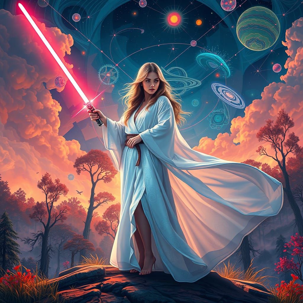 Heroic Auroraea Kenobi with Lightsaber in Cosmic Landscape