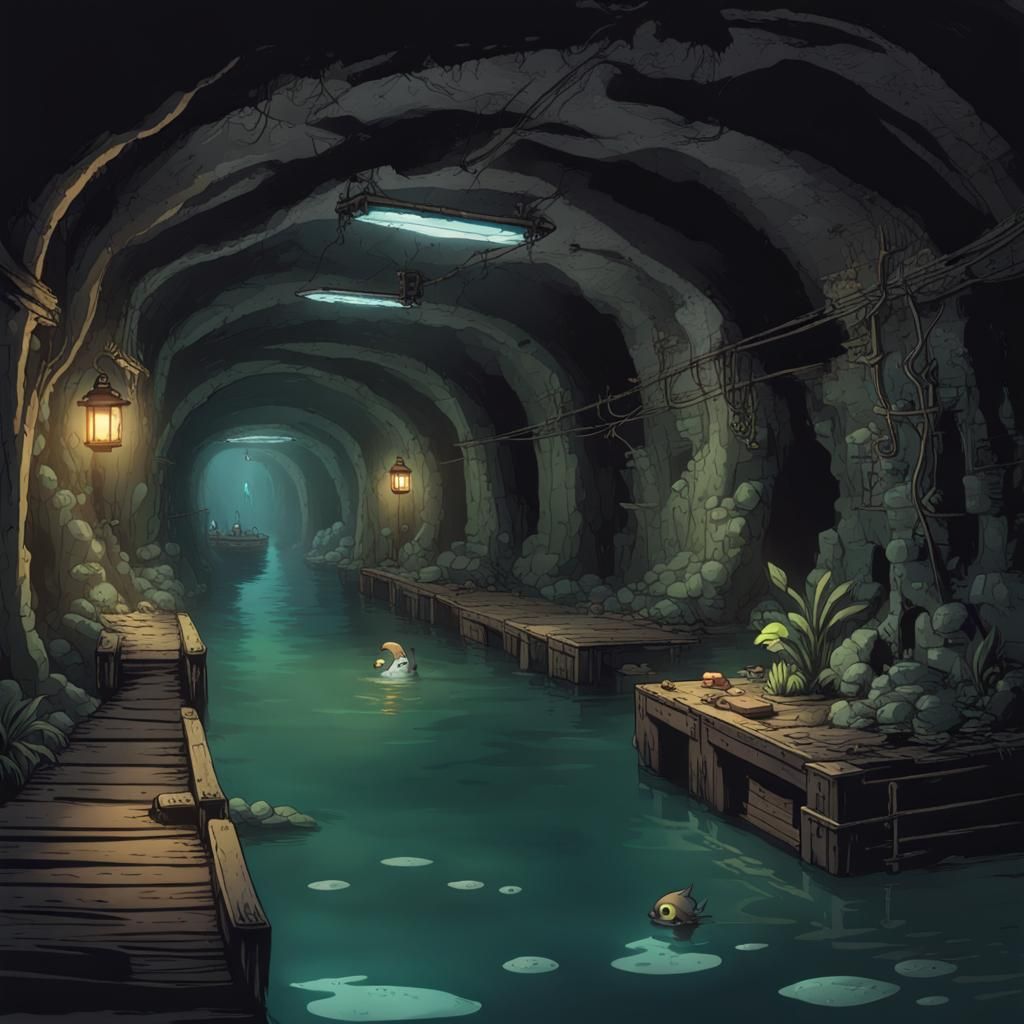 Glowing Lagoon in Underground Tunnel