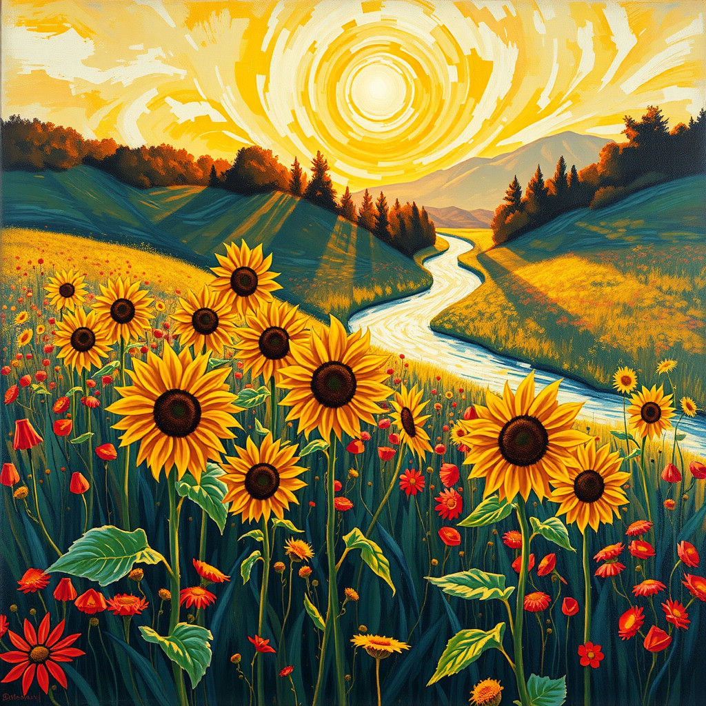 Sunlit Floral Field: Impressionist Oil Painting