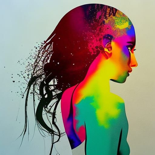 Double Exposure Portrait in Watercolor Sketch Style