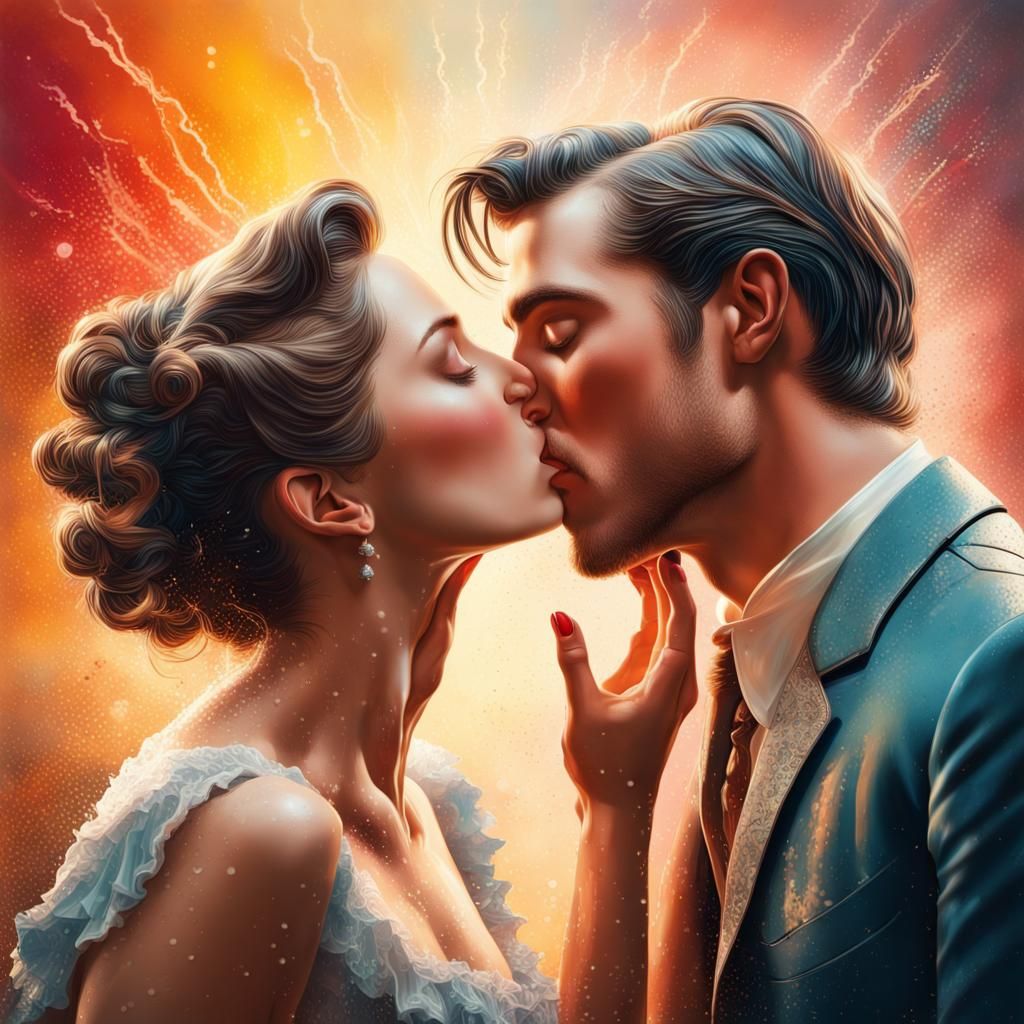 Romantic Vintage First Kiss in Hyperrealistic Style