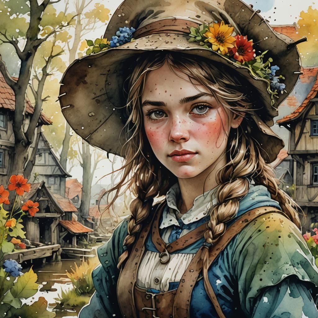 Detailed Watercolor of a Dutch Peasant Girl