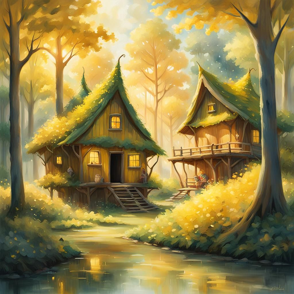 Enchanted Elven Huts in Sunlit Woodland