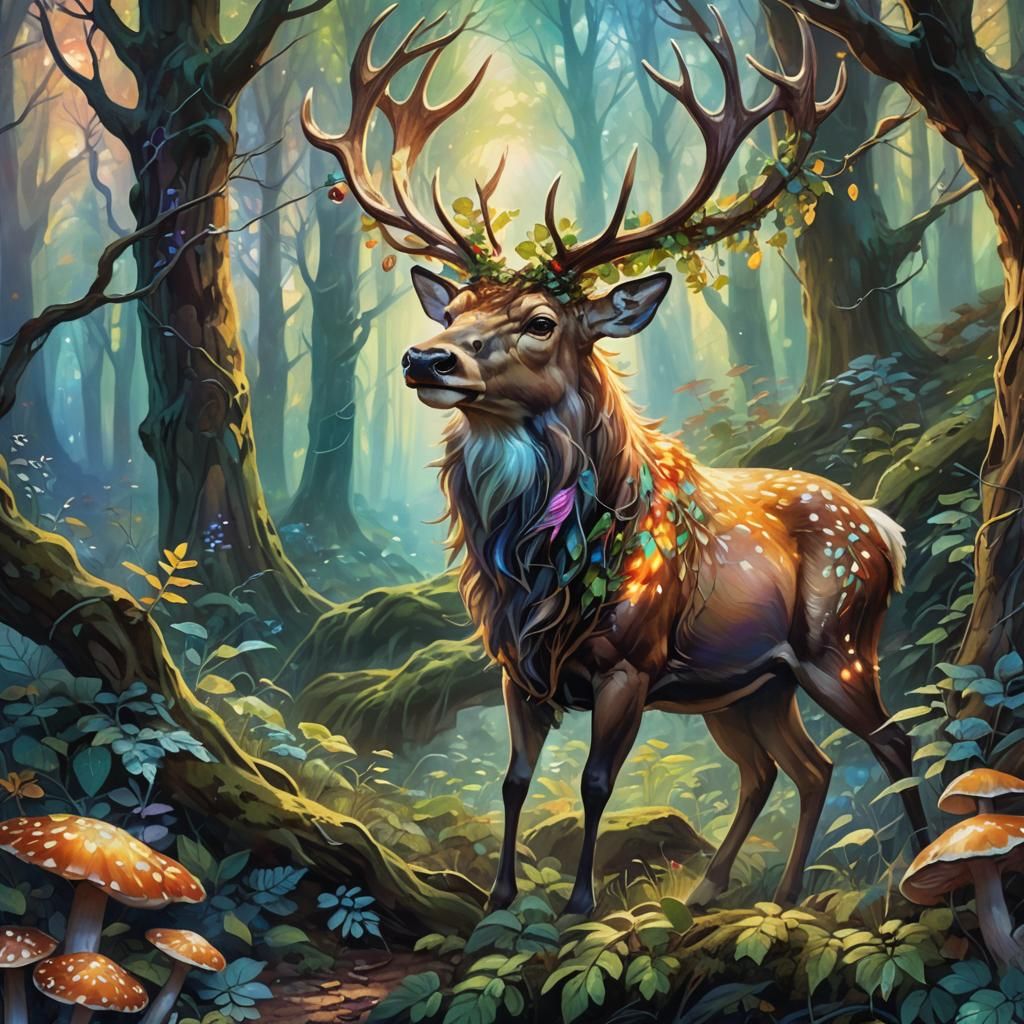 Majestic Stag in Mystical Forest: Fantasy Oil Painting