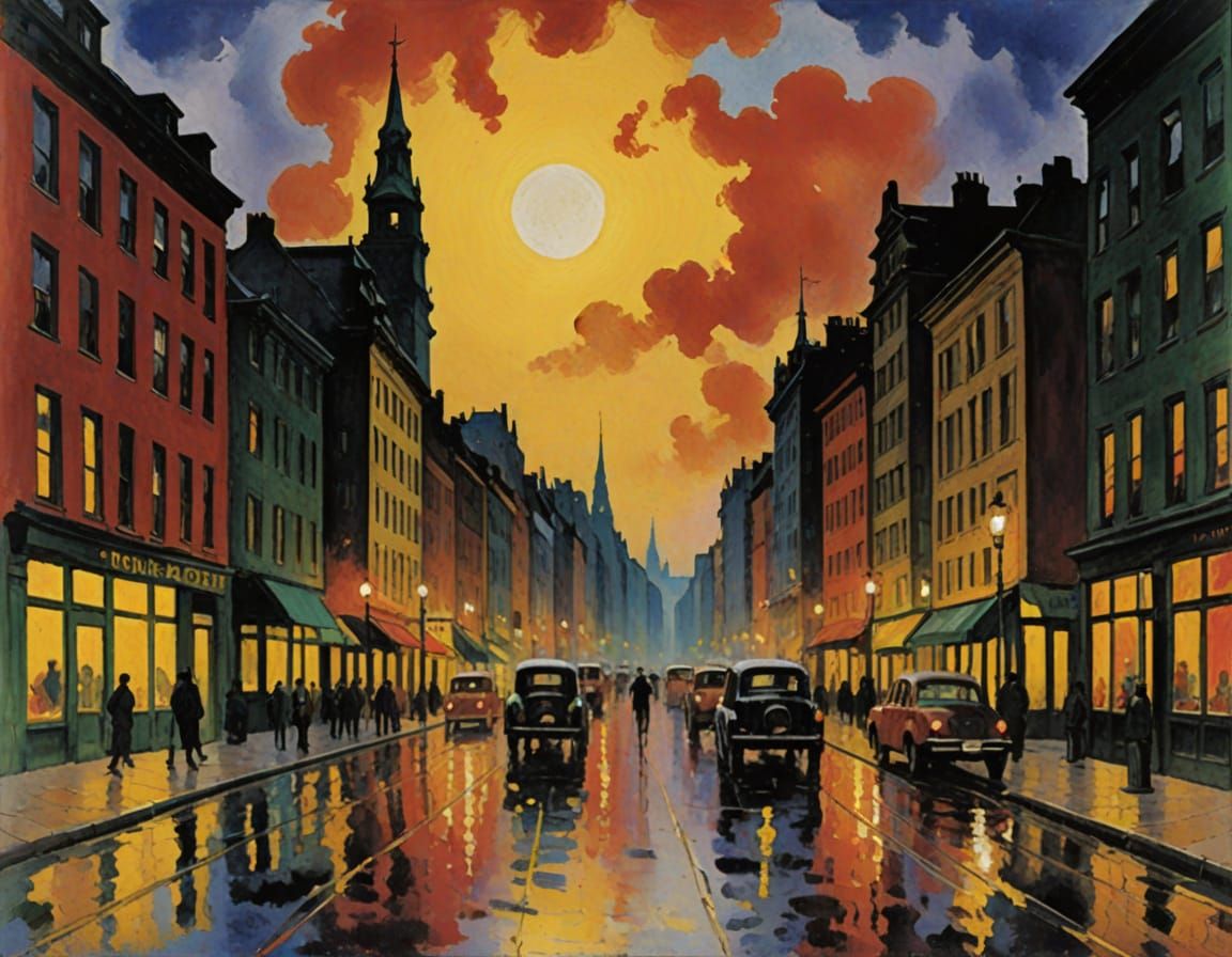 Downtown Street Scene in Expressionist Style