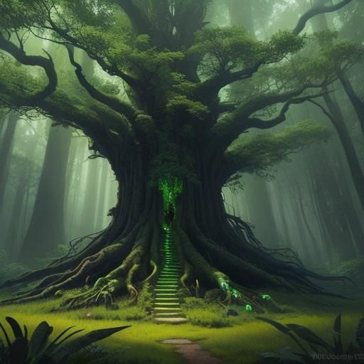 Glowing Tree Home for Raccoons: Fantasy Concept Art