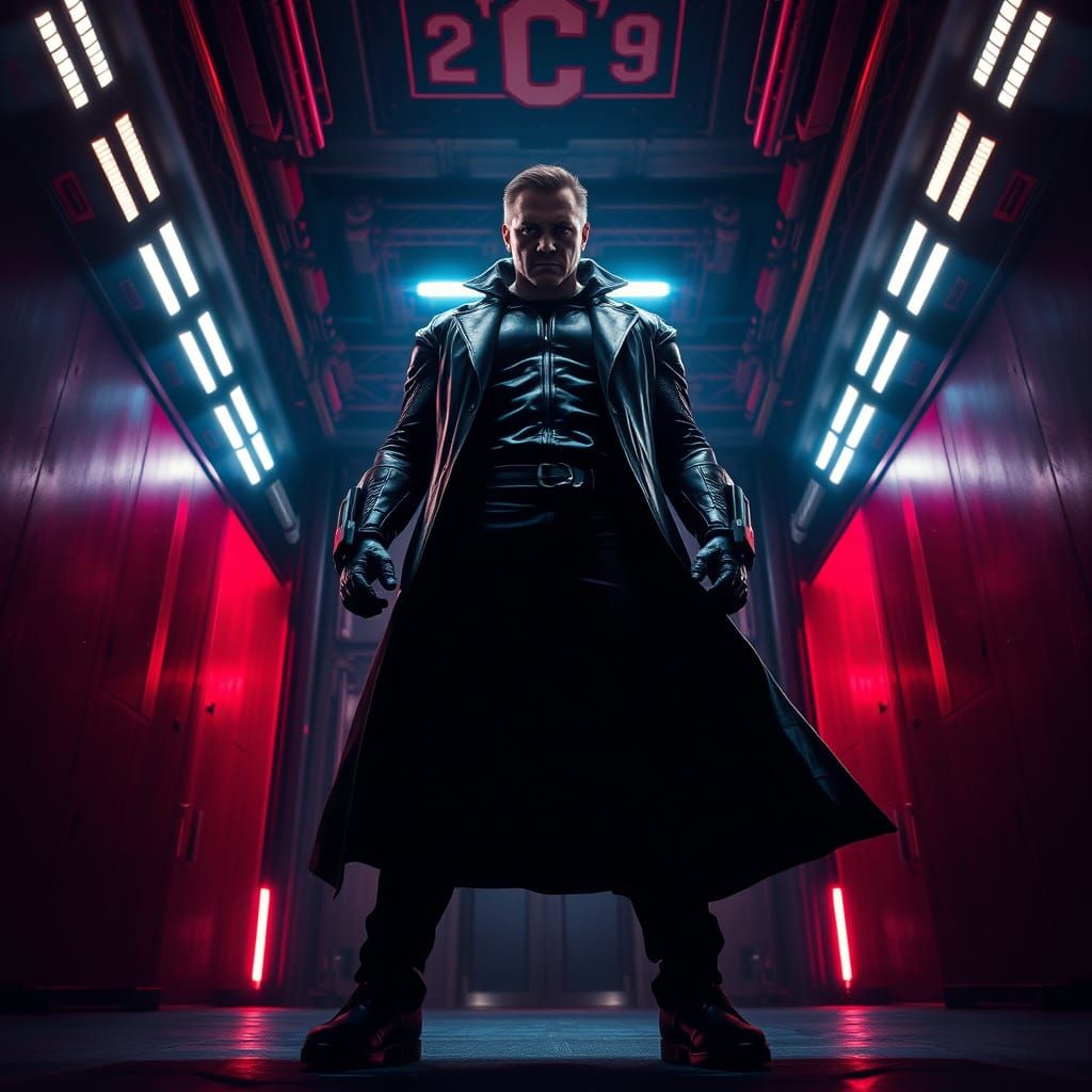 Heroic Figure in Dark, Futuristic Landscape