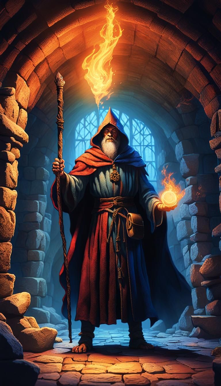 Sorcerer Casting Spell in Medieval Dungeon: Fantasy Art