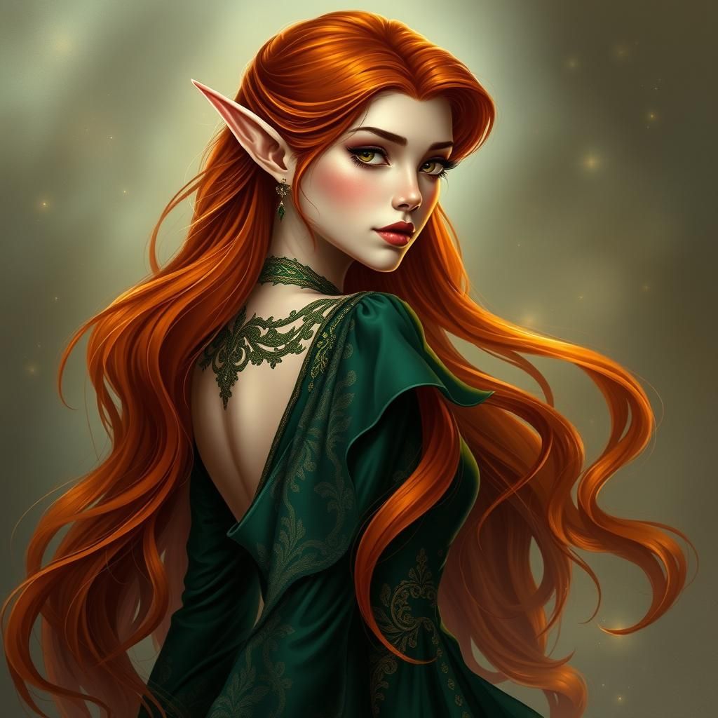 A regal female elf with Auburn red hair flowing down her bac...