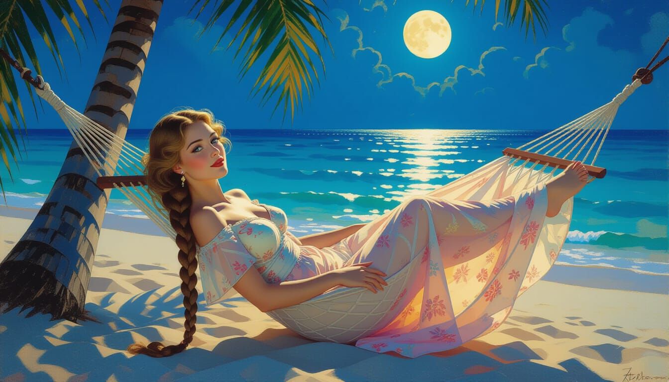 Woman in Hammock with Flowing Dress, Art Nouveau Style