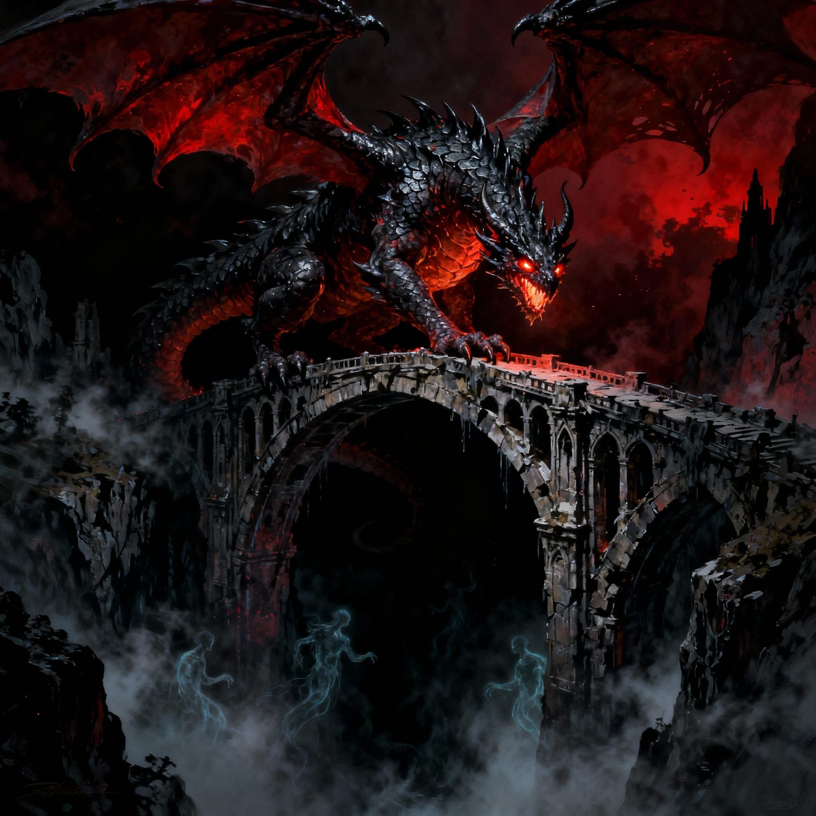 Ancient Obsidian Dragon on Gothic Bridge