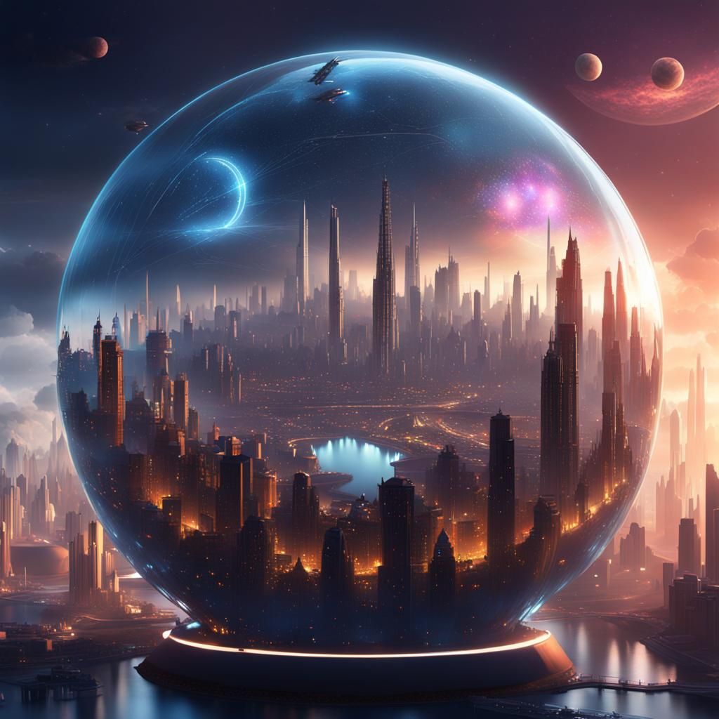 Futuristic City Sparkling Inside Glass Sphere
