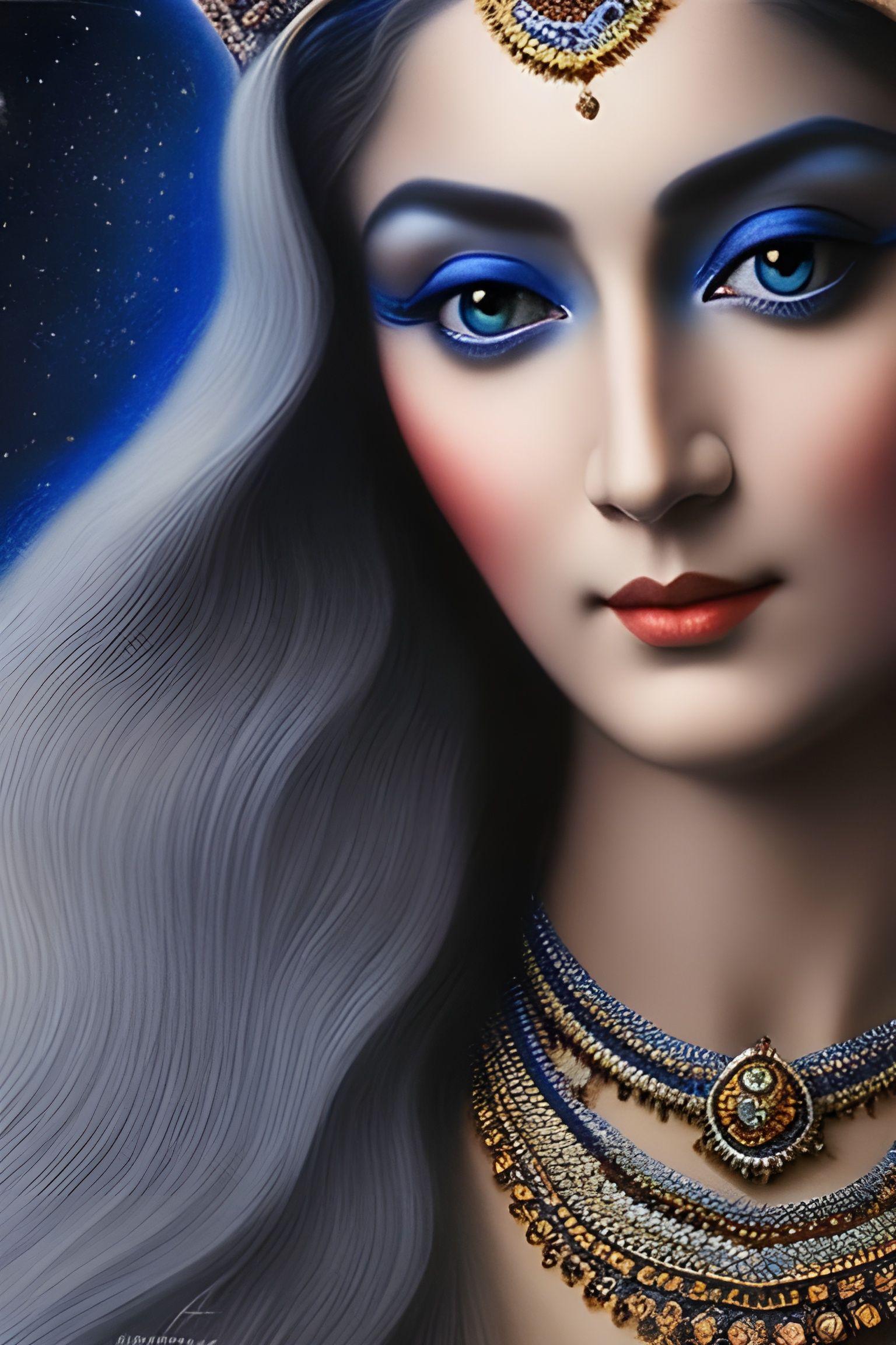 Indigo and Silver Goddess: A Detailed 3D Pencil Sketch