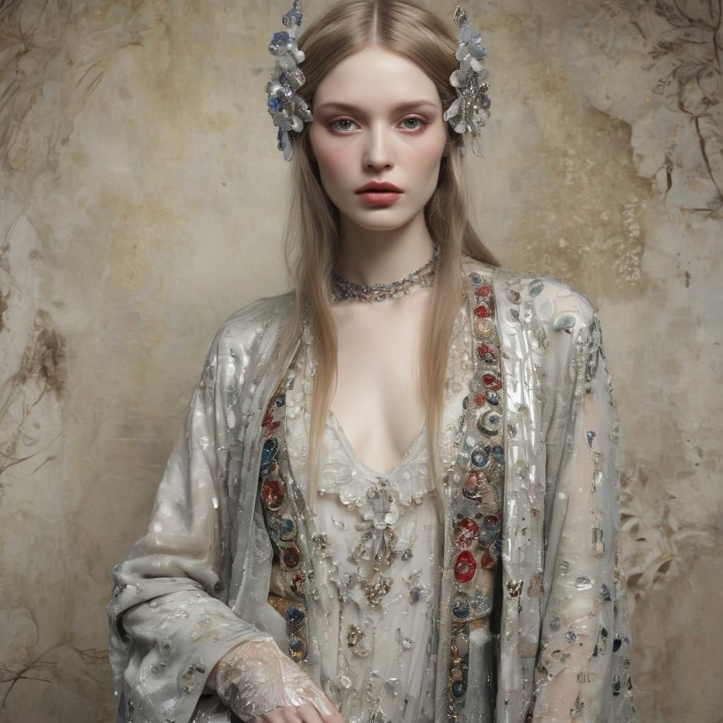 Luminous Goddess in Stained Glass Watercolor Landscape