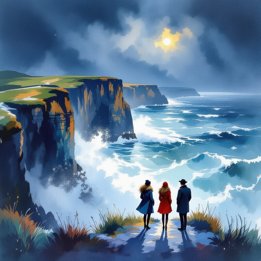 Coastal cliffs at night in extreme weather