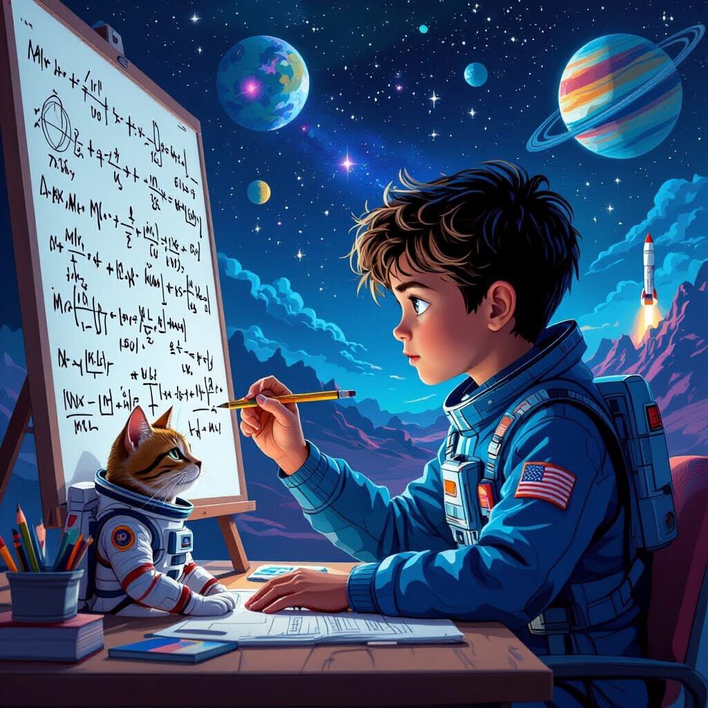 Boy Solving Equations with Cat in Spacesuit, Neon Art