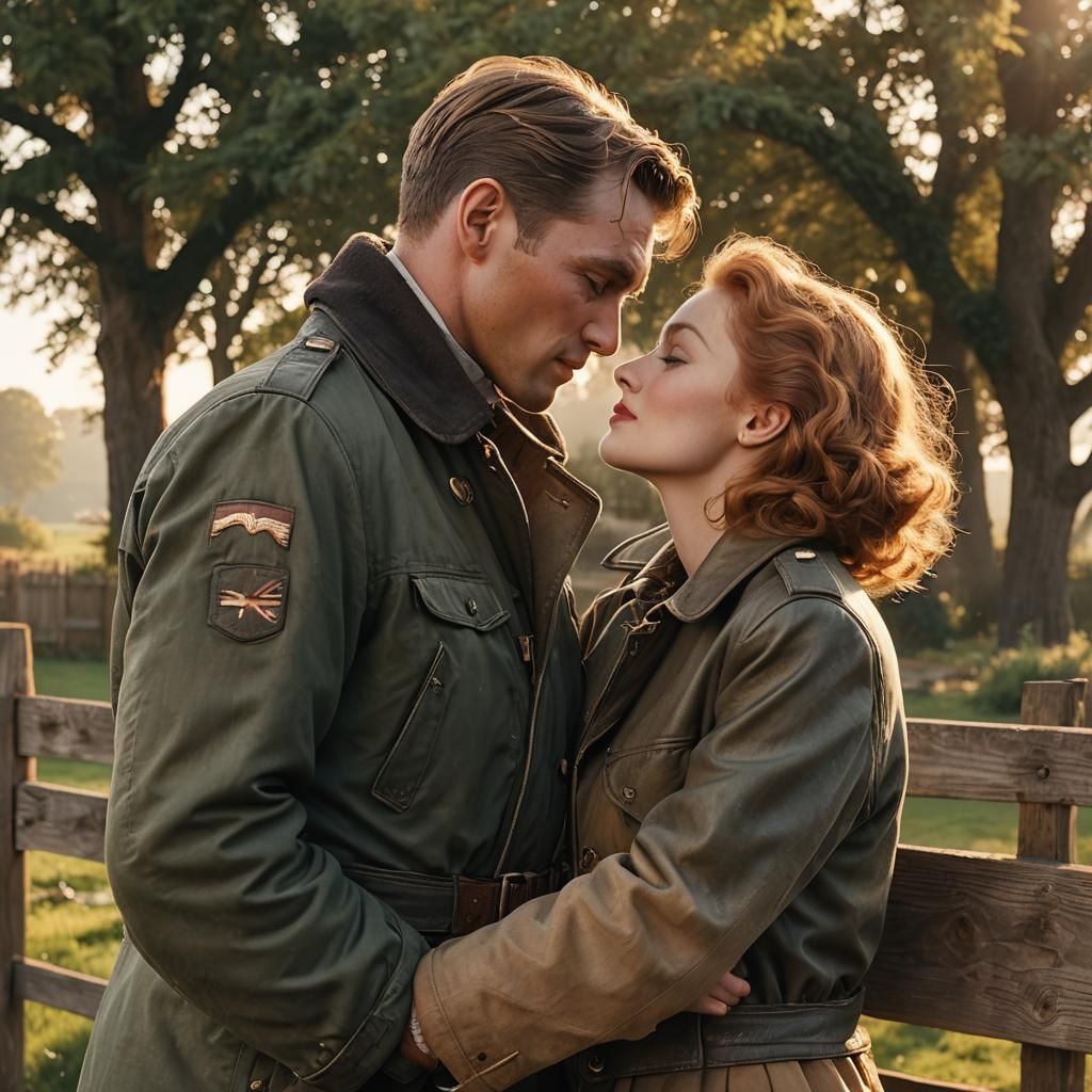 Romantic WWII Pilot Kiss in Golden Hour Light